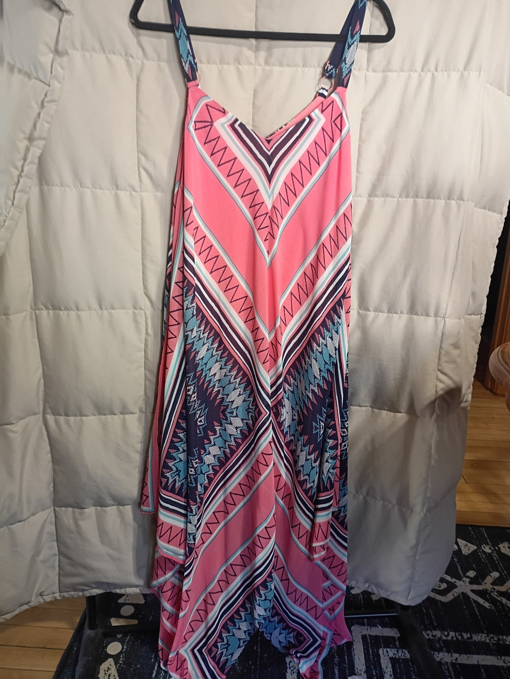 Lux Pink Geometric Midi Dress with Blue Accents